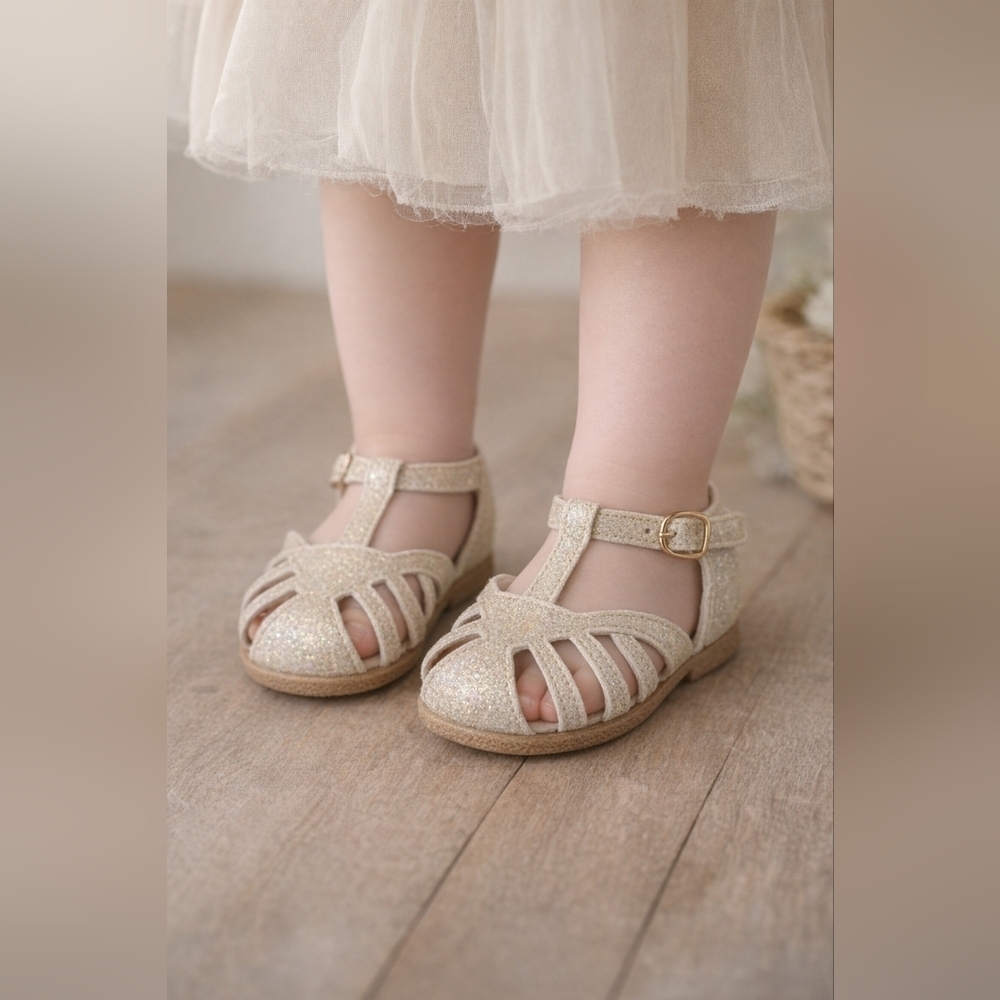 Monkey Feet Golden Pink Glitter Leather Kids Sandals - Gold
